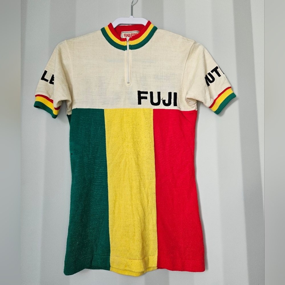 1980's Pearl Izumi Knit Bicycle Racing Jersey in Red, Yellow, Green And Cream